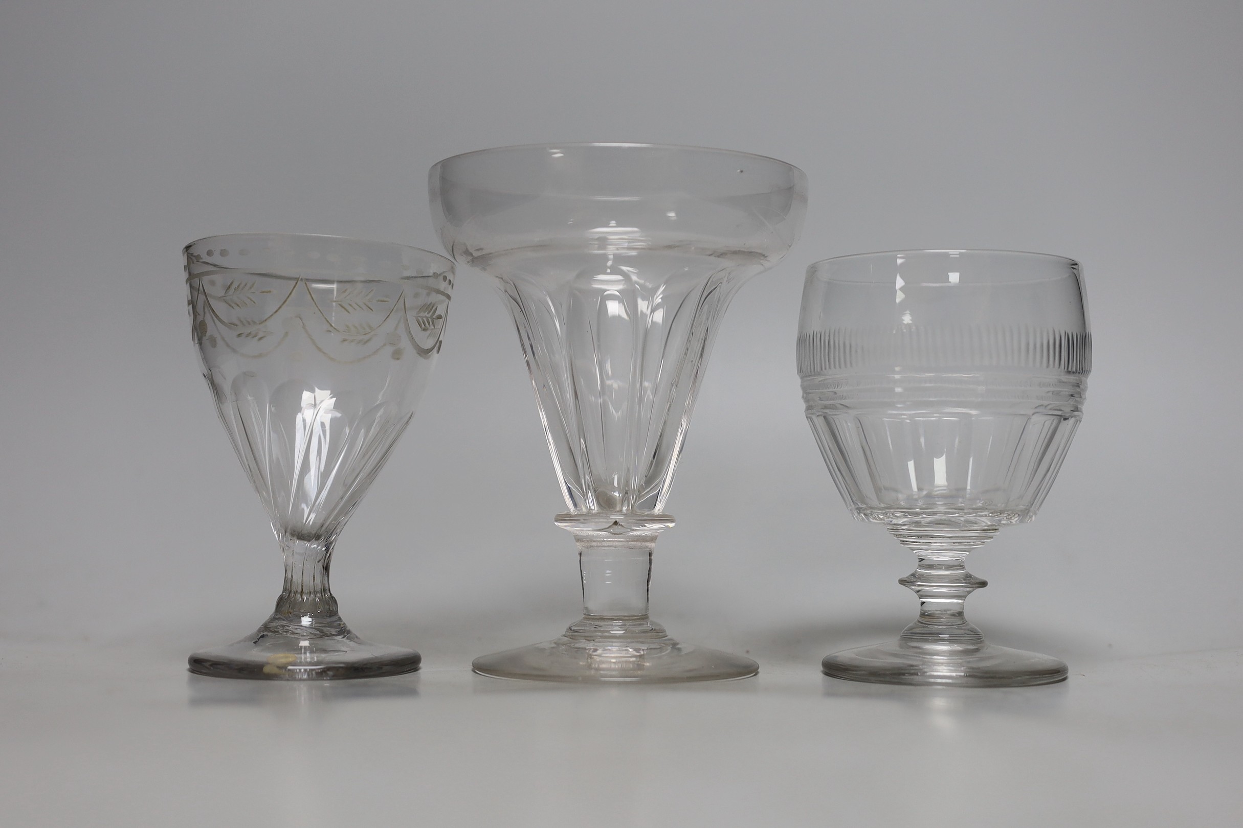 A group of 19th century coloured drinking glasses, and three glass rummers (12). Tallest 15cm